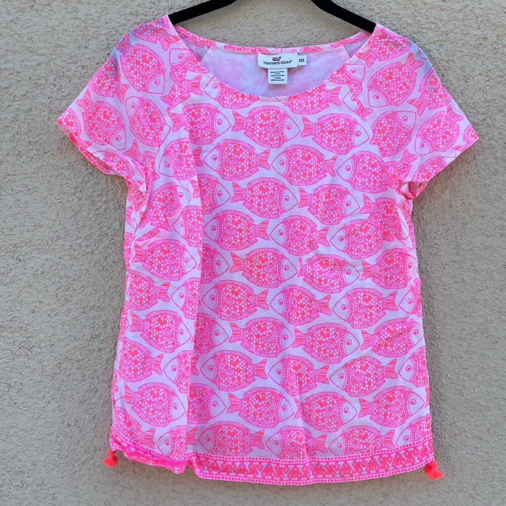 Vineyard Vines Batik Fish Print Tee XXS Pink White